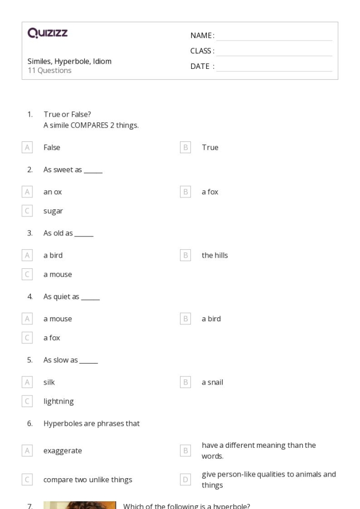 Fourth grade students practicing figurative language with an Examples of Hyperbole! Part 2 worksheet