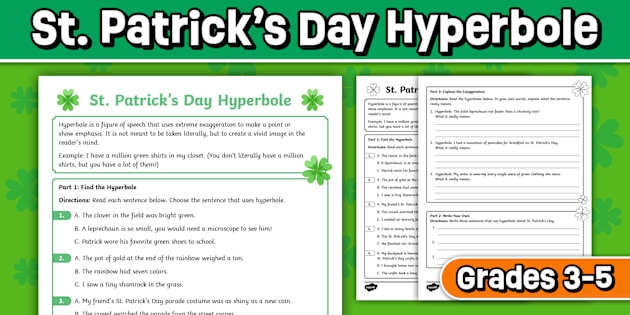 A fourth grade grammar worksheet featuring colorful examples of hyperbole to help students practice figurative language