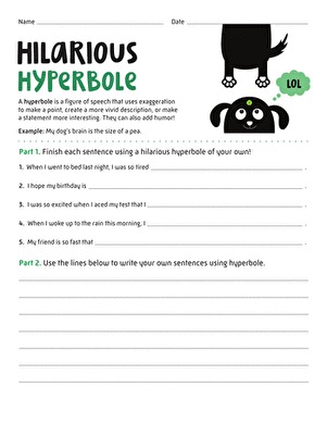 A worksheet featuring eight colorful examples of hyperbole for fourth grade grammar practice