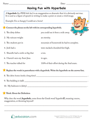 Having Fun with Hyperbole Worksheet 23 for Creative Writing Practice Fourth grade students learning to write humorous exaggerations with hyperbole examples and practice sentences