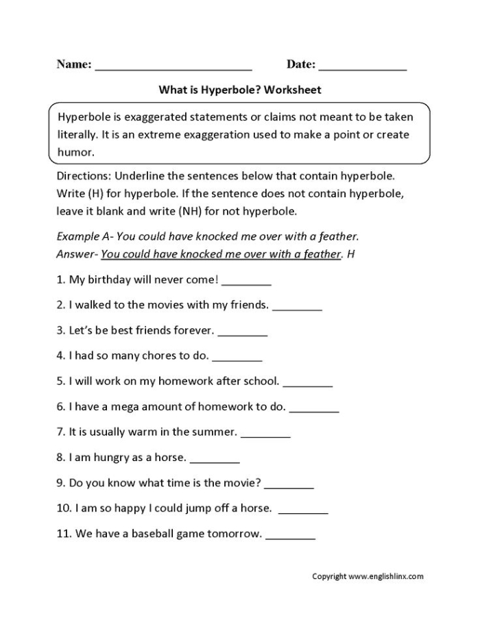 Having Fun with Hyperbole Worksheet Activity 9 Fourth grade students completing a hyperbole writing exercise with exaggeration examples and practice prompts