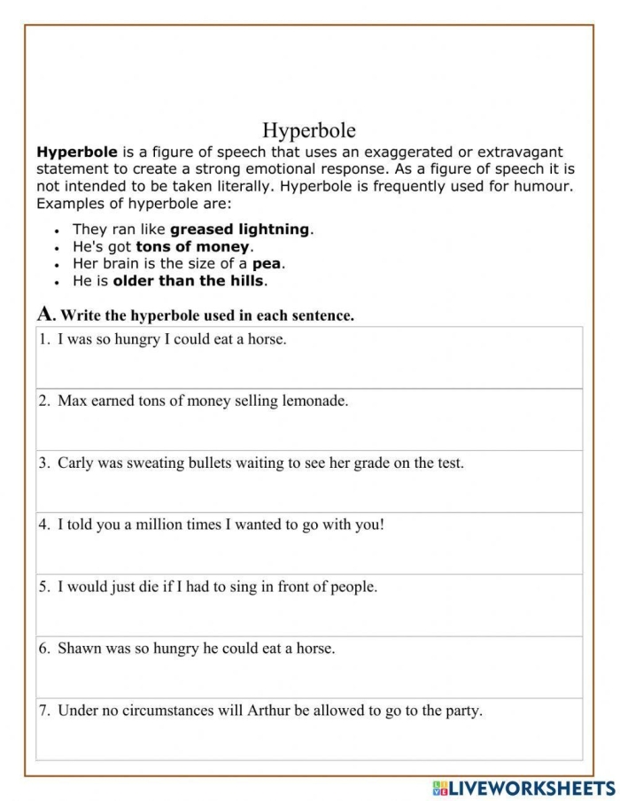 Fourth grade worksheet featuring engaging writing prompts to help students identify and write their own hyperboles
