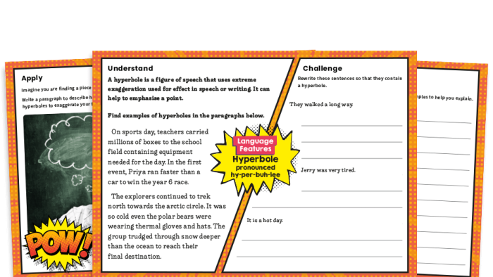 Having Fun with Hyperbole Practice Activity for Young Writers Fourth grade students learning to write exaggerated sentences and humorous hyperbole examples on a creative writing worksheet