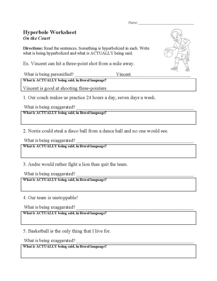 Having Fun with Hyperbole Worksheet 19 for Elementary Writing Practice Fourth grade students learning to write exaggerated sentences and humorous hyperbole examples on a fun writing worksheet activity