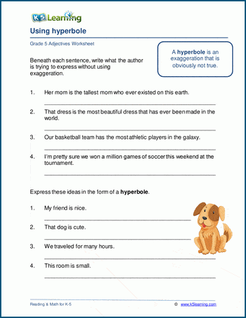 Worksheet featuring examples of hyperbole for fourth graders to enhance their writing skills