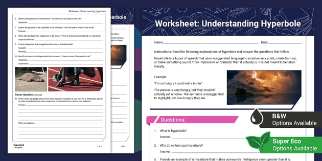 Fourth grade students practice writing creative exaggerations on an Examples of Hyperbole Part 1 worksheet