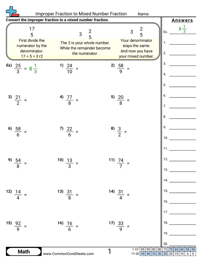 Fourth grade math worksheet for converting improper fractions to mixed numbers