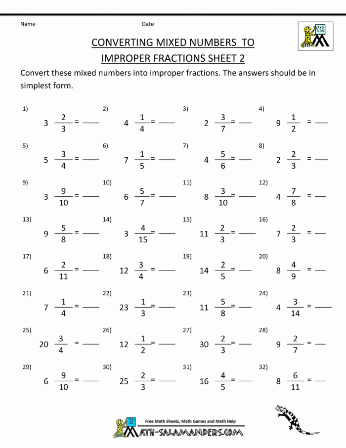 Worksheet illustrating the conversion of improper fractions to mixed numbers for fourth graders