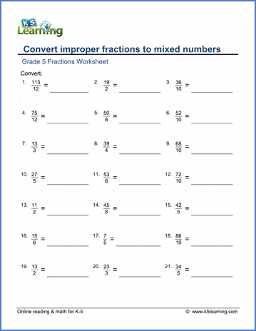 Fourth grade math worksheet for converting improper fractions to mixed numbers