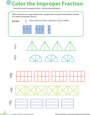 Fourth grade math worksheet for converting improper fractions to mixed numbers