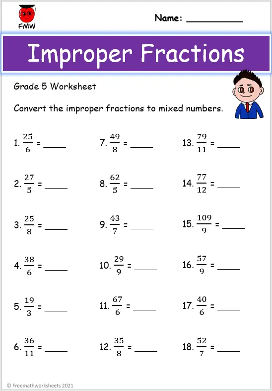 Worksheet featuring improper fractions for fourth graders to convert to mixed numbers