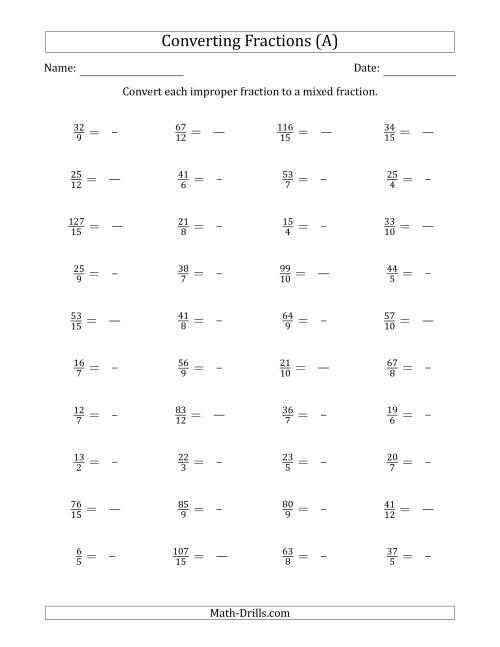 Converting Improper Fractions to Mixed Numbers Practice Worksheet 20 Fourth grade student converting improper fractions to mixed numbers and coloring shapes on a worksheet