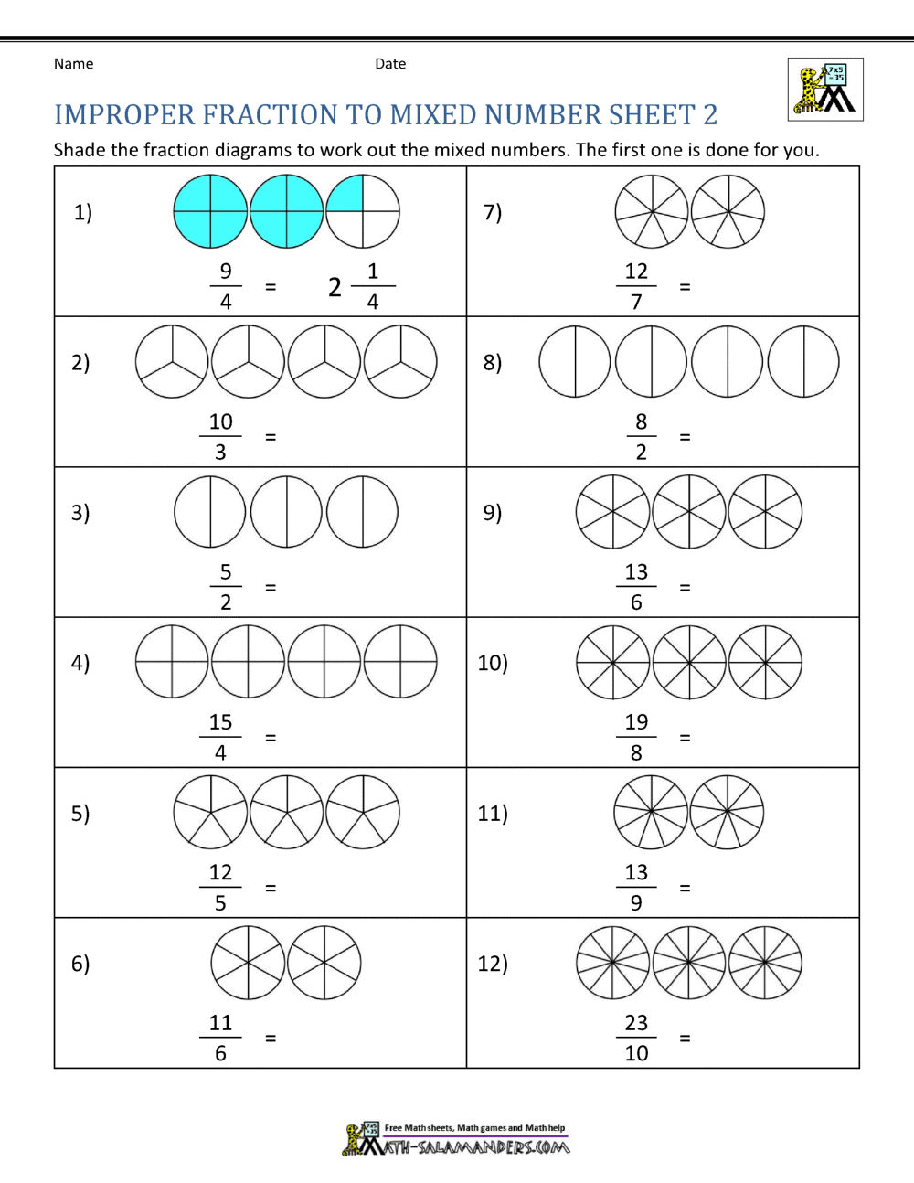 Fourth grade math worksheet for converting improper fractions to mixed numbers