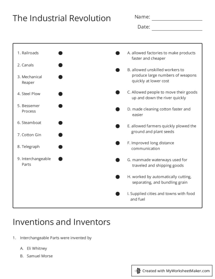 Fourth grade reading worksheet explaining the history and technological impacts of the Industrial Revolution