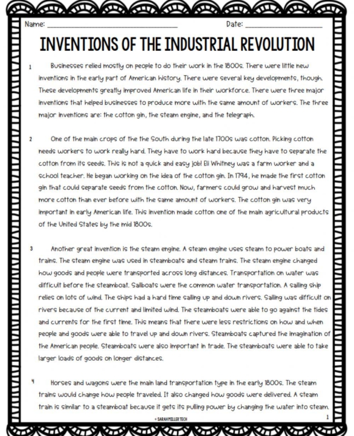 Fourth grade reading worksheet explaining the historical impact of the Industrial Revolution