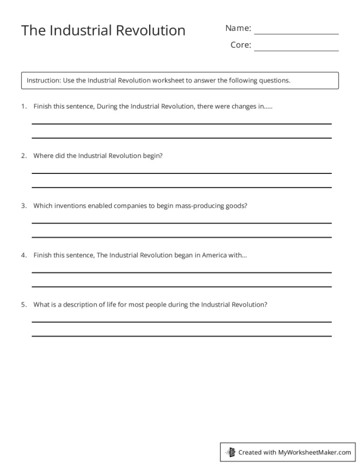 A fourth grade reading worksheet about the historical impact of the Industrial Revolution
