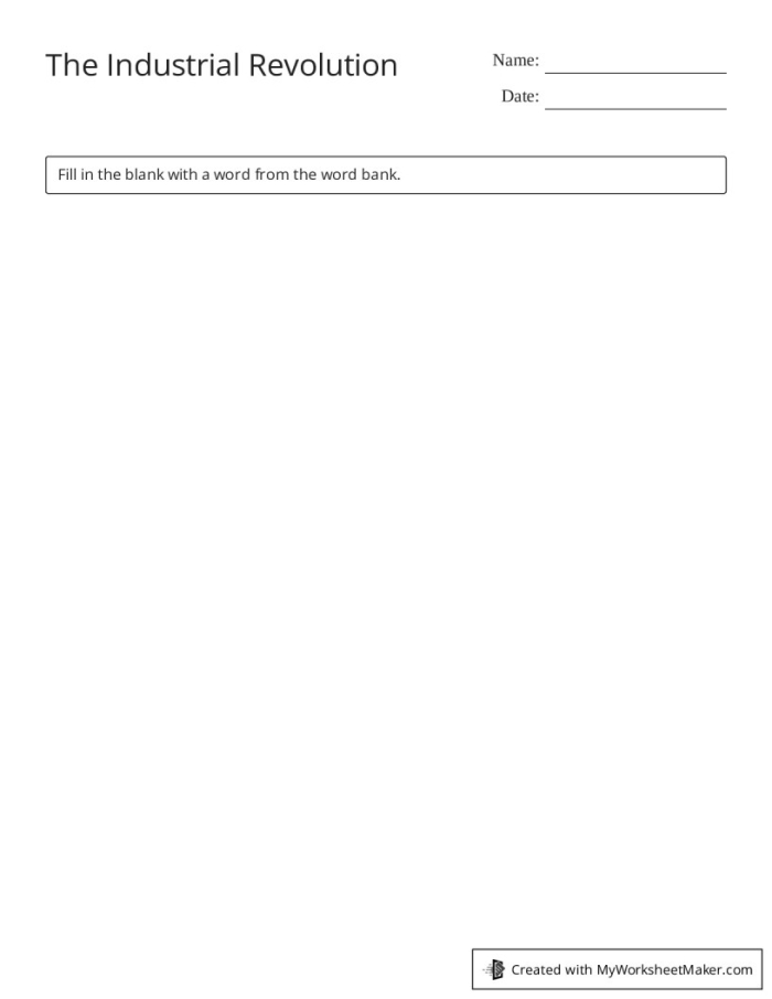 Illustration of a fourth-grade worksheet focused on the Industrial Revolution and its impact on society