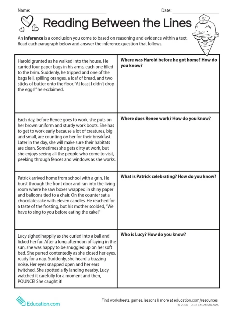 Fourth grade student worksheet for practicing reading between the lines and making inferences with seven unique scenes