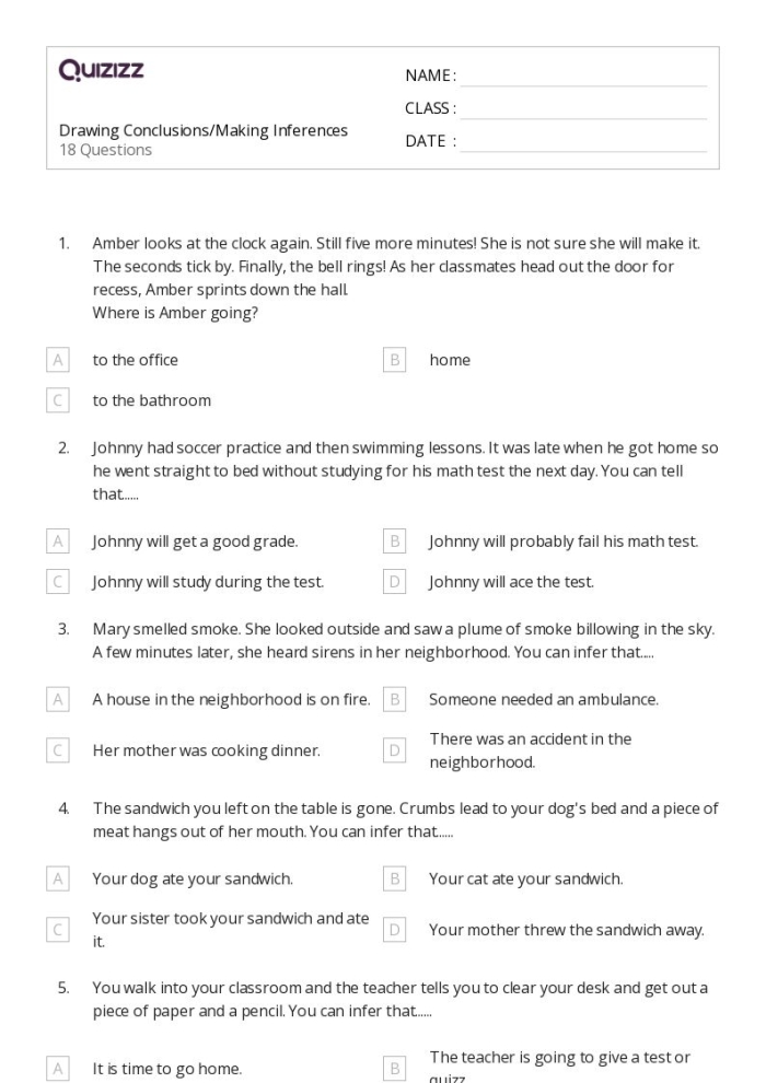 Fourth grade reading worksheet for making inferences in a fictional text about time and money