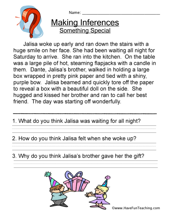 Worksheet image for making inferences in fractions for fourth grade students Practice Making Inferences worksheet designed for fourth graders to enhance reading skills with context clues