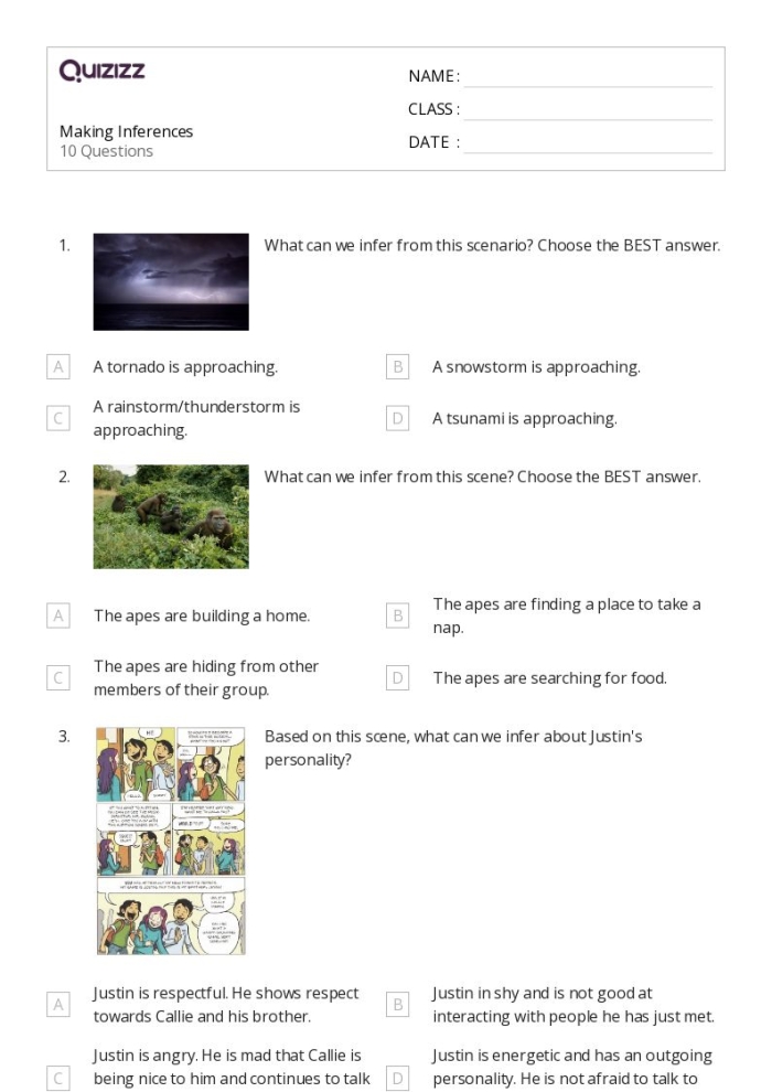 Fourth grade students completing a reading worksheet activity about making inferences from fictional text with supporting evidence