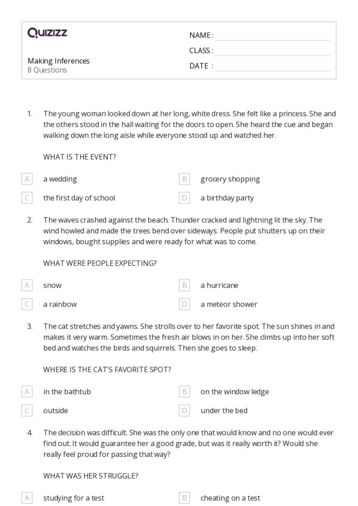 Fourth grade reading worksheet focused on making inferences in a fictional text with evidence support
