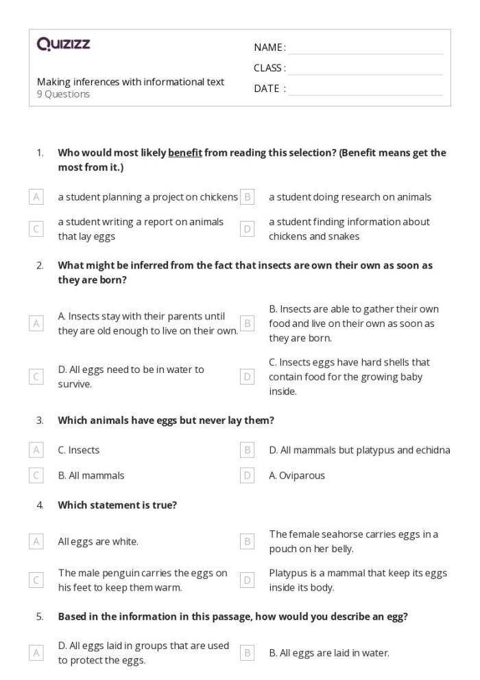 Fourth grade students completing a reading comprehension worksheet about making inferences from fictional stories