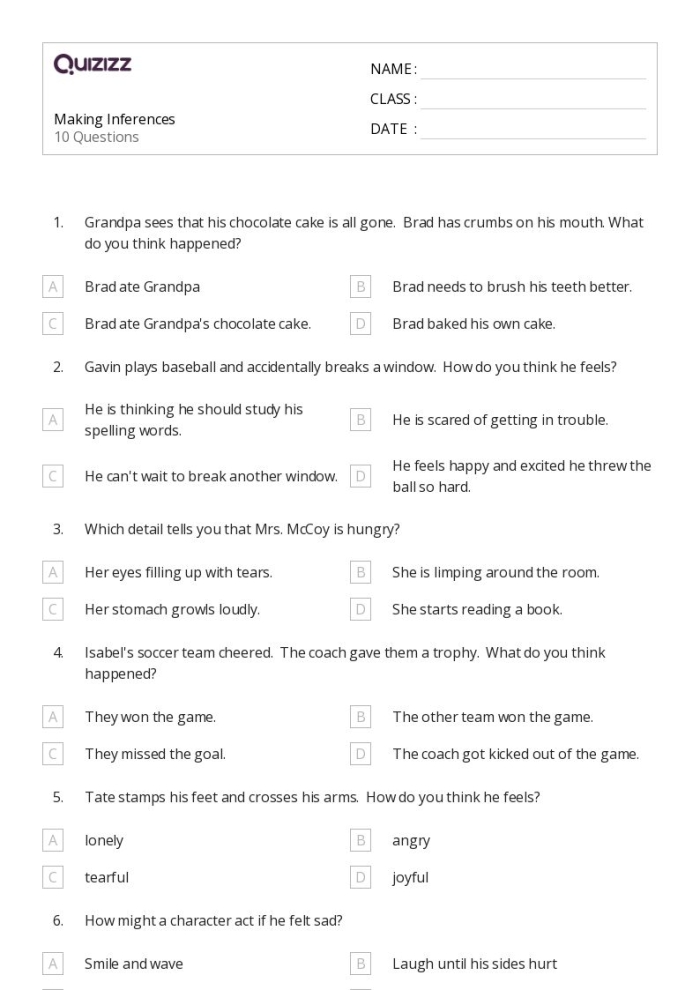 Fourth grade student completing a worksheet on making inferences in fictional text with evidence