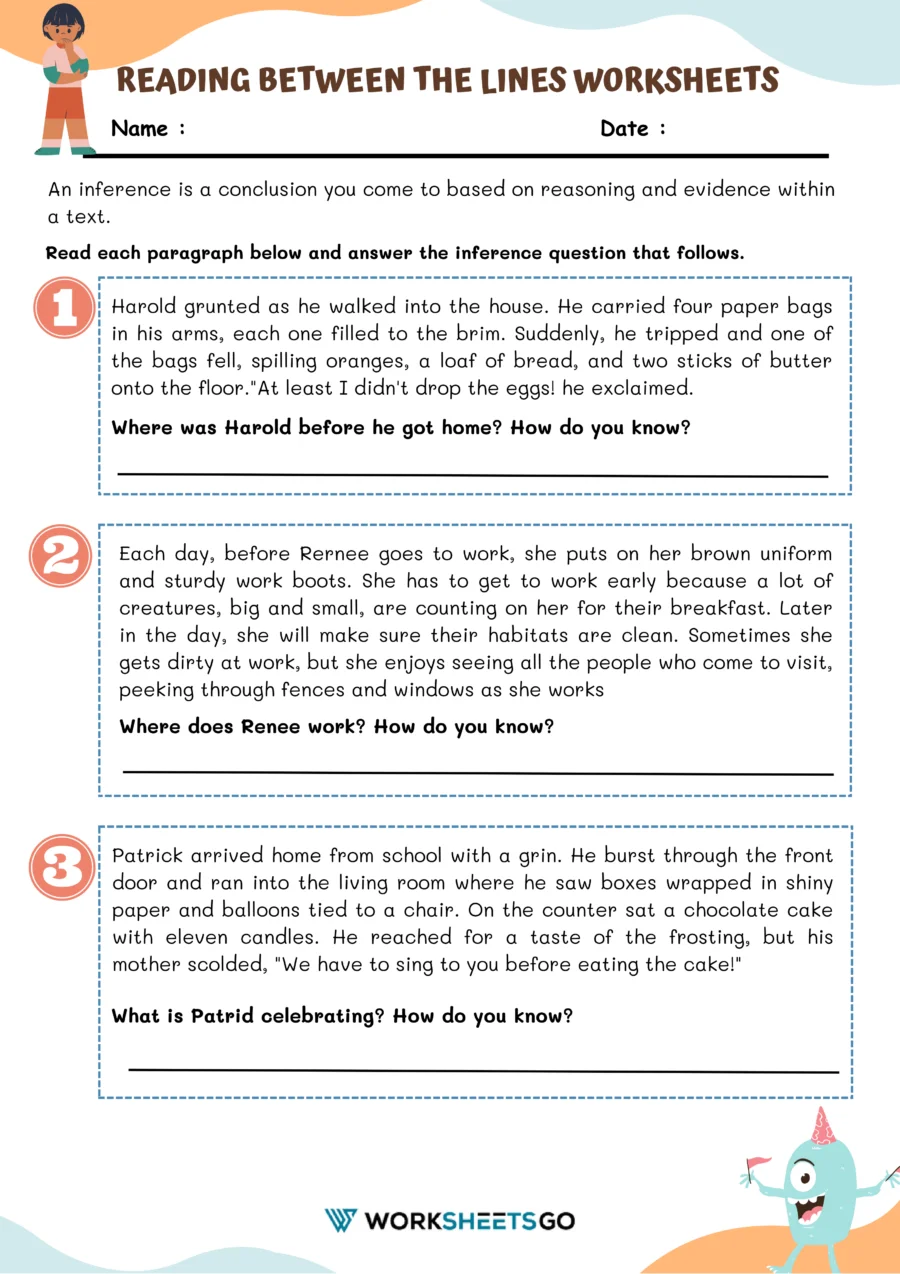 Fourth grade student worksheet for practicing inference skills by reading between the lines