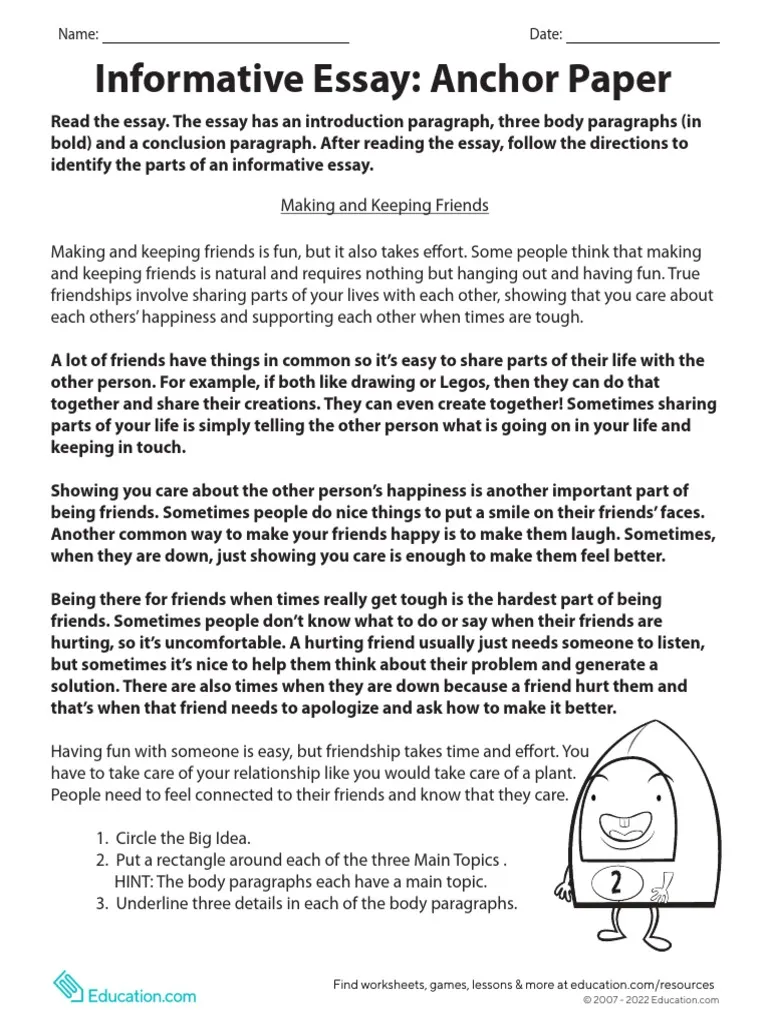 Informative Essay Anchor Paper Worksheet for Fourth Grade Spelling and Writing Skills Fourth grade student analyzing an informative essay anchor paper to identify key details and main ideas