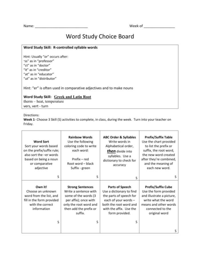 Interactive Word Study Choice Board worksheet for fourth graders promoting student engagement