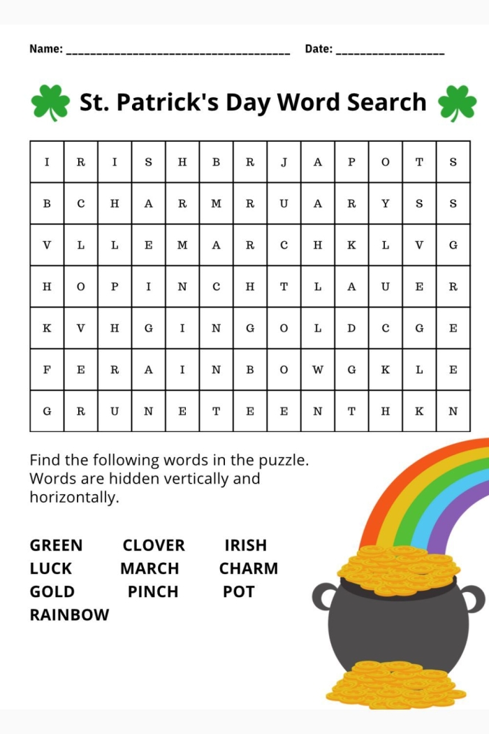 Fourth grade student completing a challenging St. Patrick's Day word search worksheet