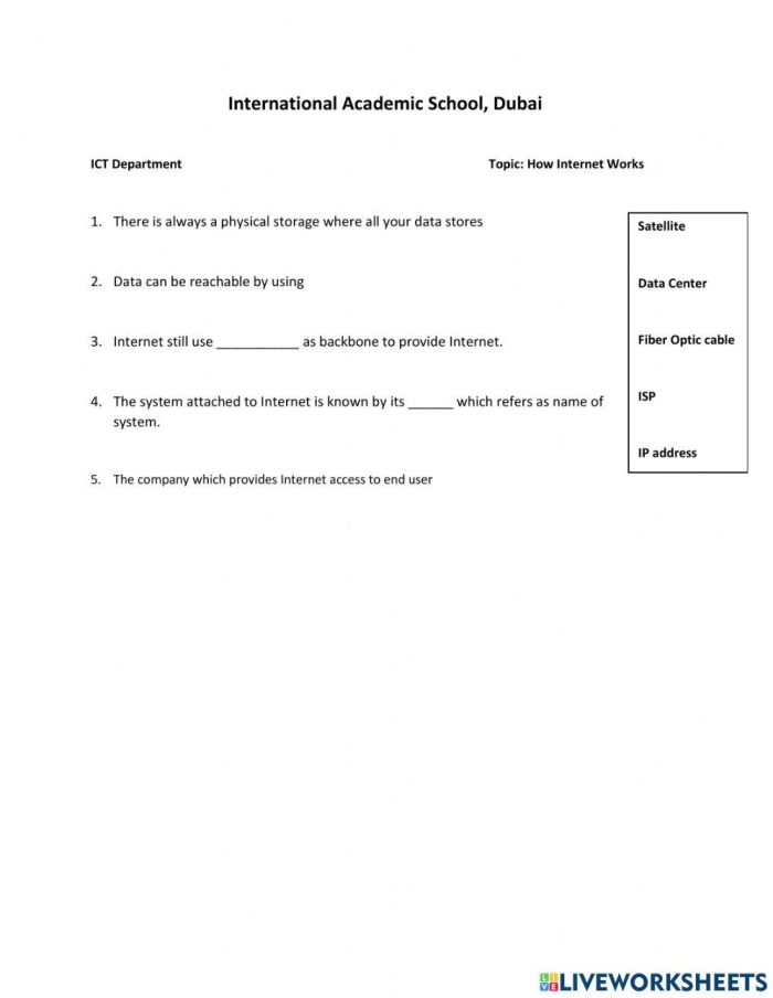 Kids exploring how the internet crosses oceans via underwater cables in a fun worksheet. Engaging fourth-grade activity on the global information network.