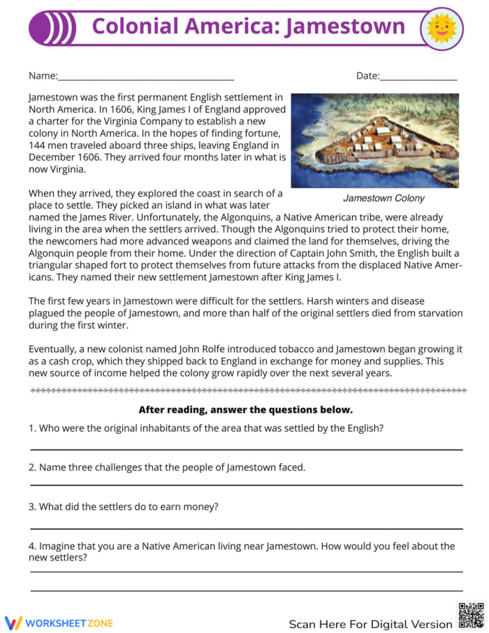 Jamestown Colony Social Studies Worksheet for Fourth Grade Students Image depicting a worksheet about the Jamestown colony and its significant settlers for fourth graders