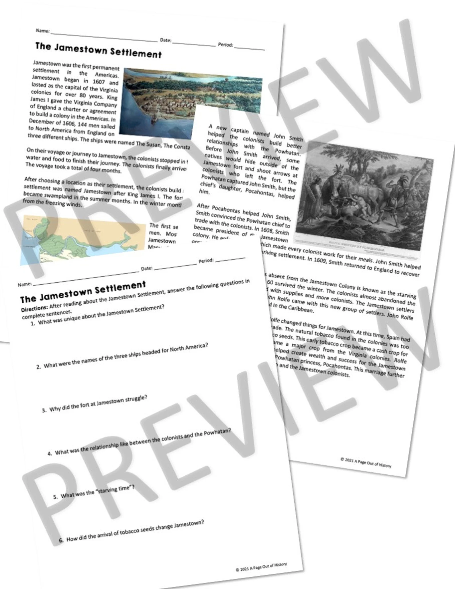 Jamestown Colony Social Studies Worksheet for Reading Activities Worksheet focusing on the Jamestown colony and its key settlers for fourth graders