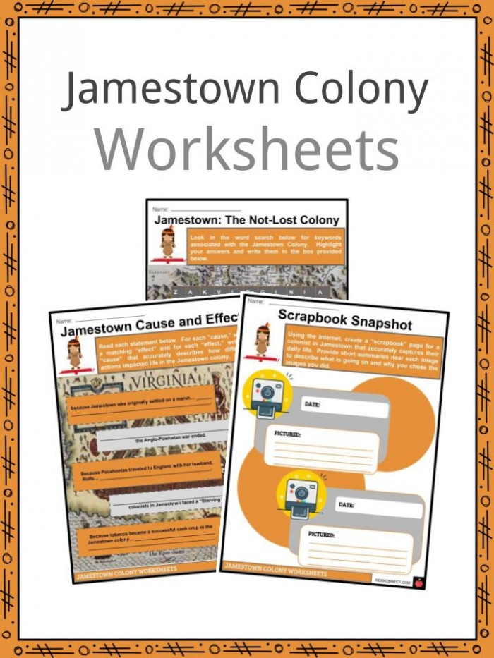 Colonial America Jamestown educational worksheet for social studies Worksheet for fourth graders about the Jamestown colony and its key settlers
