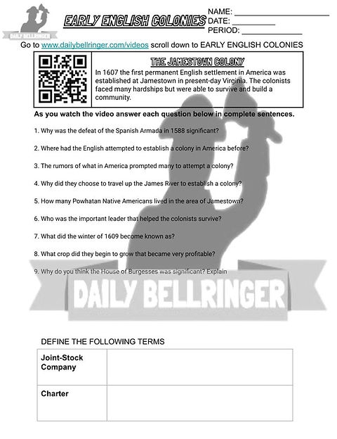 Colonial America Jamestown worksheet for fourth grade reading activities Worksheet for fourth graders about the Jamestown colony and key settlers in Colonial America