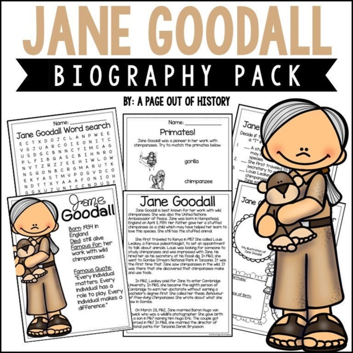 Image of a worksheet featuring Jane Goodall's biography for fourth graders
