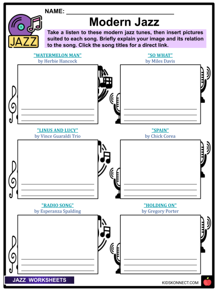 Fourth grade worksheet about the history of jazz music and African-American contributions to pop for Black History Month