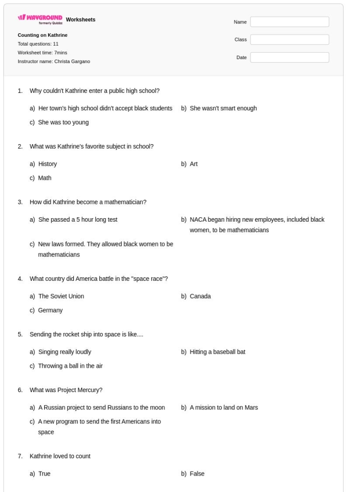 Image of a fourth-grade worksheet about Katherine Johnson's contributions to space exploration