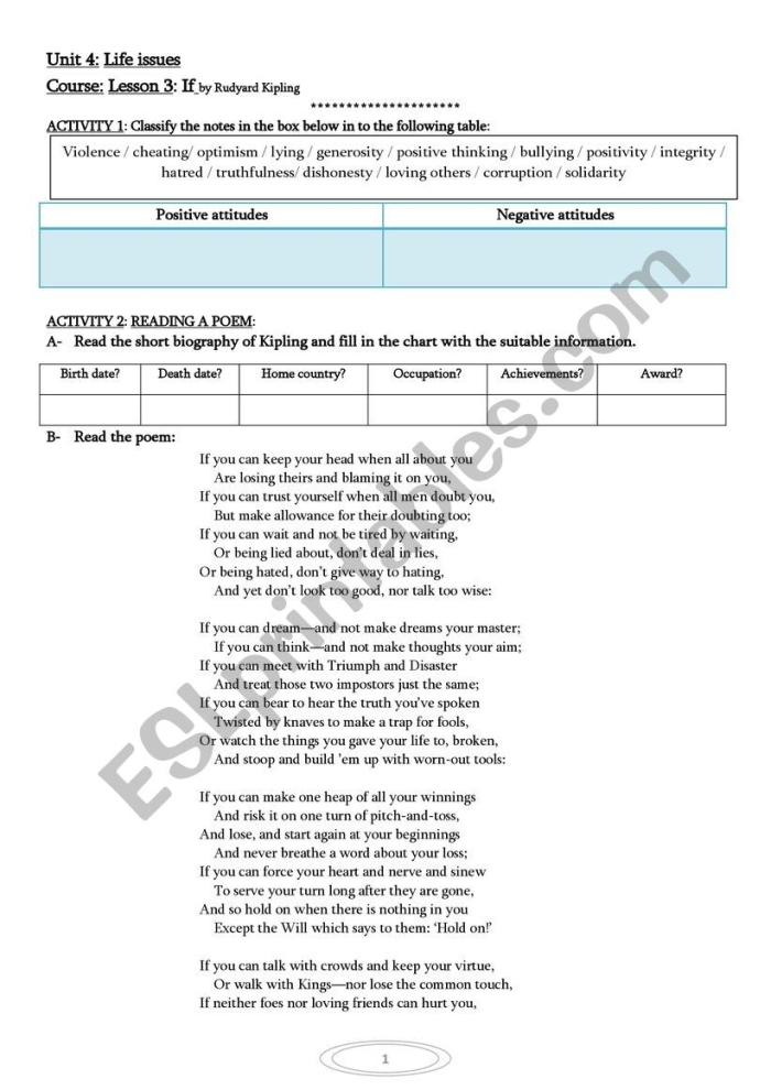 Fourth grade student identifying the central theme of a Rudyard Kipling story on a printable worksheet