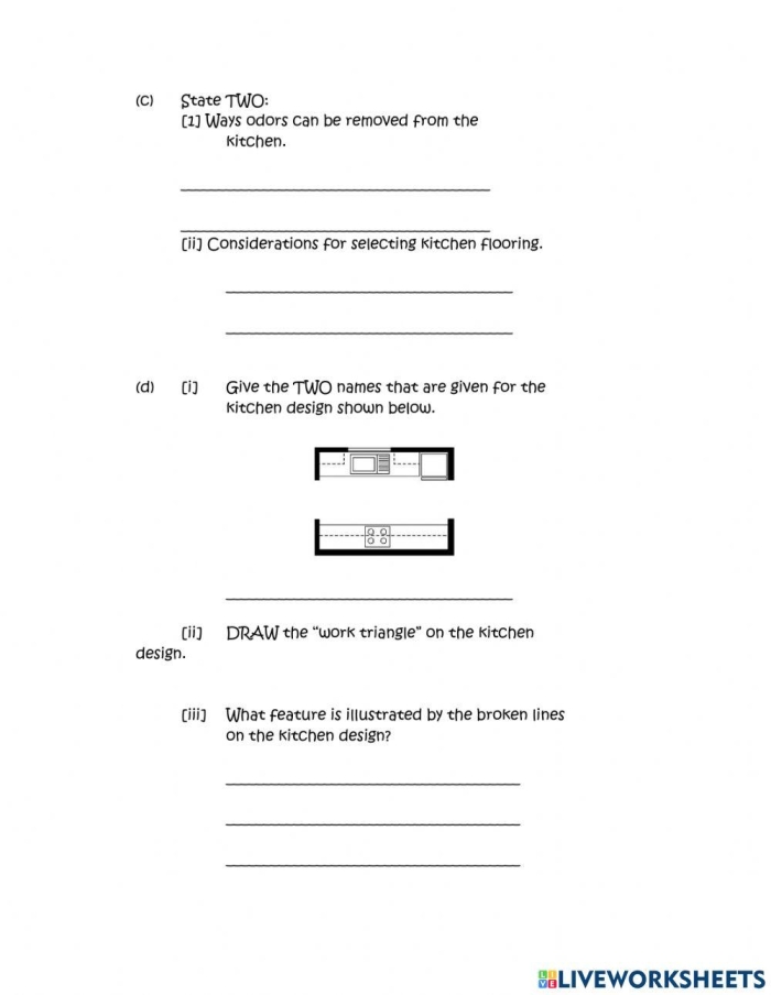 Fourth grade math worksheet showing a kitchen floor layout with measurements for calculating area and comparing flooring costs within a budget