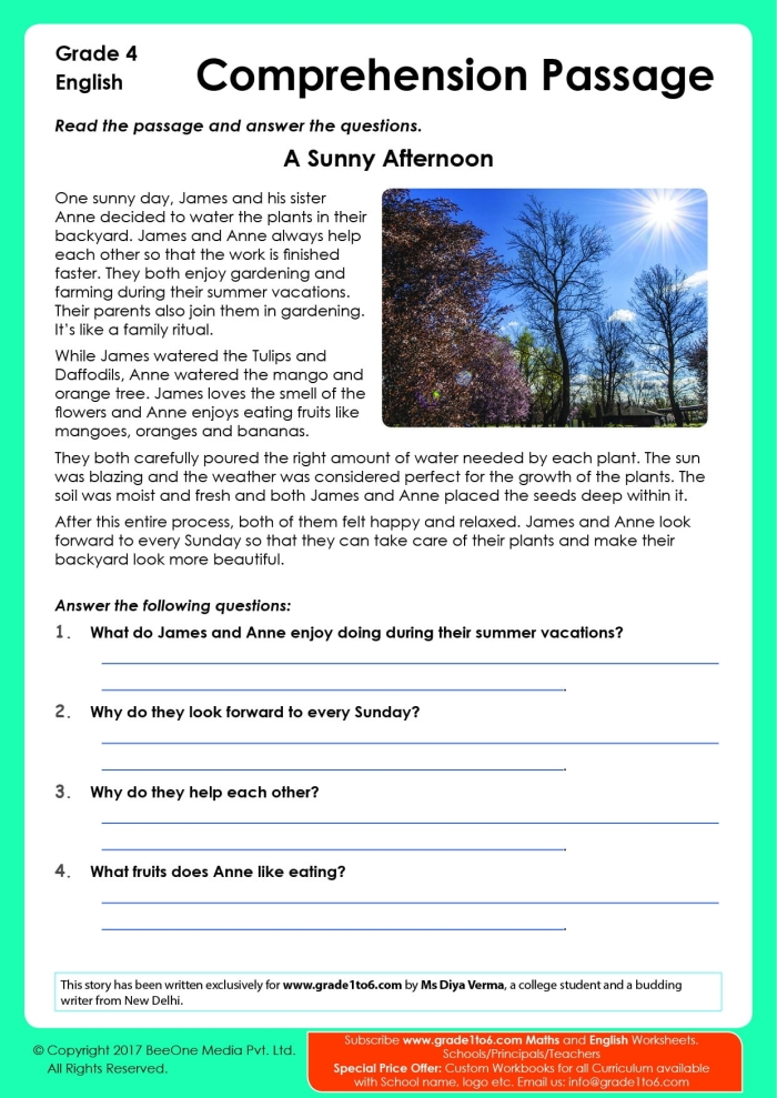 Worksheet designed to enhance reading comprehension skills featuring a story about a girl and her kitten. Engaging reading comprehension worksheet for fourth graders focused on a kitten theme.