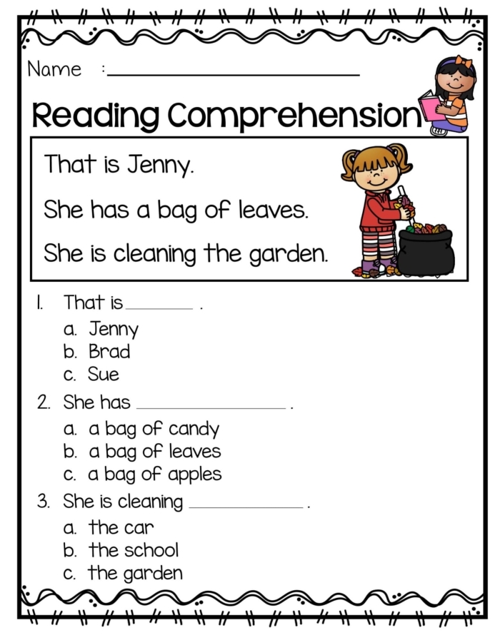 Fourth grade reading comprehension worksheet featuring a story about a girl and her kitten