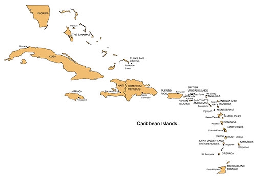 Fourth grade geography worksheet featuring a blank map of the Caribbean Islands for students to label