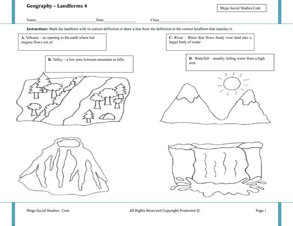 A fourth grade geography worksheet featuring a matching activity for different landforms