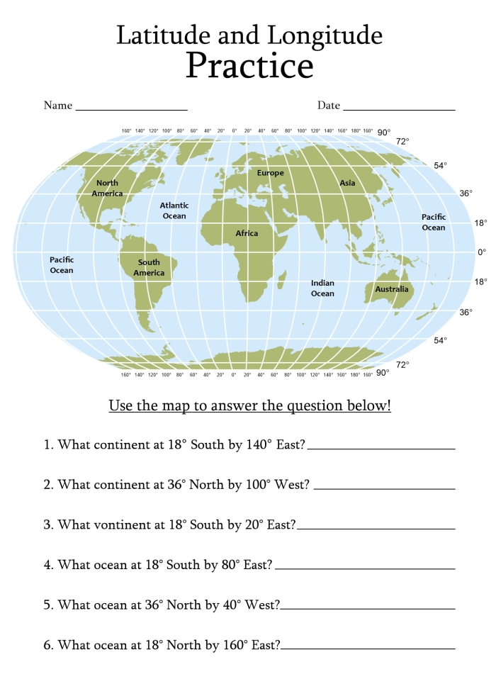 Fourth grade student map skills worksheet focusing on latitude and longitude coordinates
