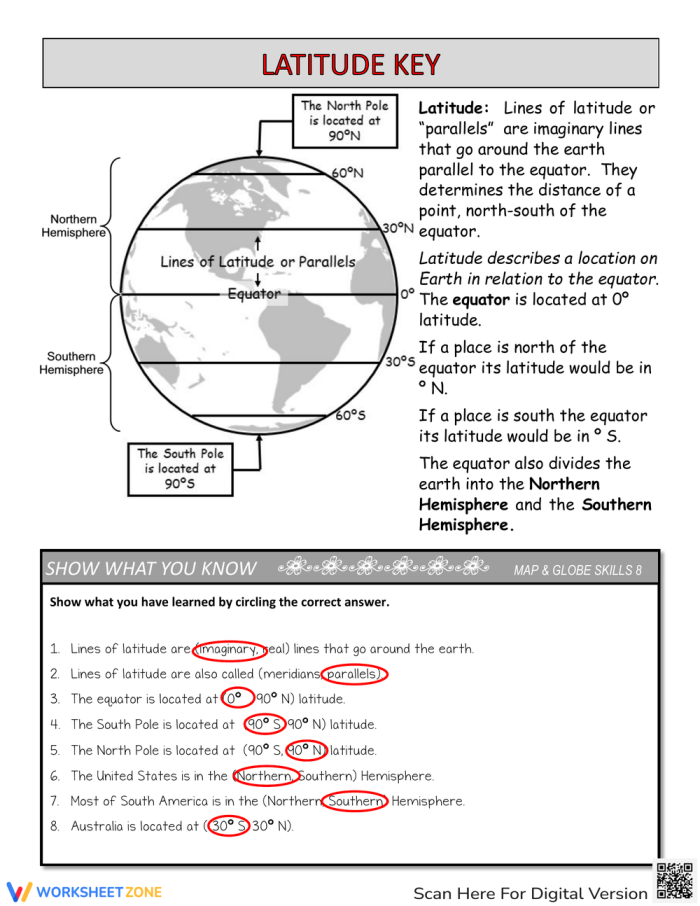 Fourth grade map skills worksheet focusing on latitude and longitude coordinates