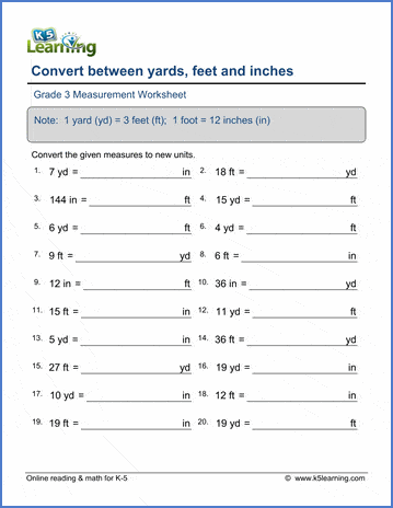 Fourth grade math worksheet for converting length measurements between inches feet and yards