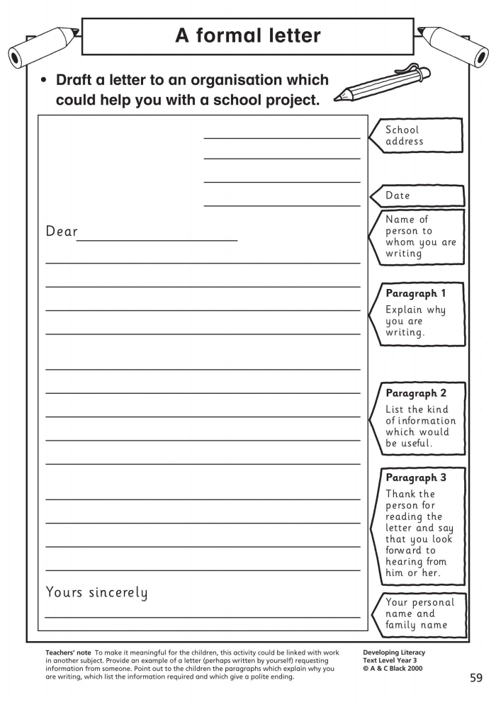 Grammar and Mechanics worksheet for Fourth Grade Letter template worksheet for fourth graders to practice writing various types of letters. Engaging resource for teaching formal and informal letter writing skills.